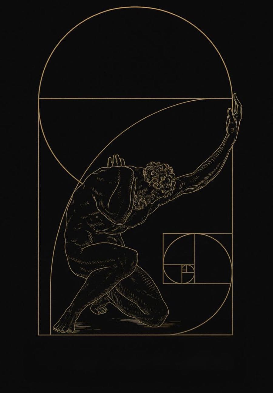 Line drawing of Atlas carrying the golden-ratio spiral
